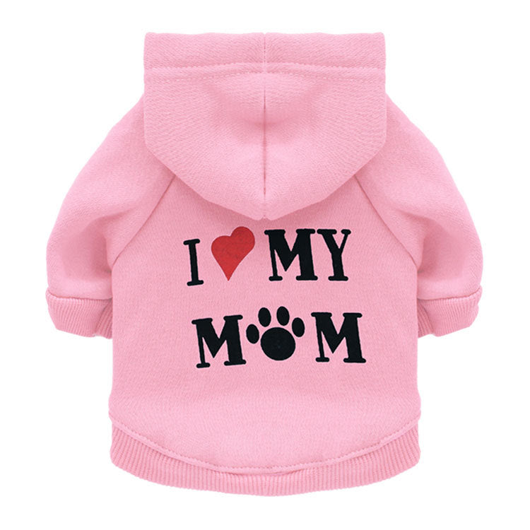 Fleece Dog Hoodie for Pets - "I Love Mom" Design